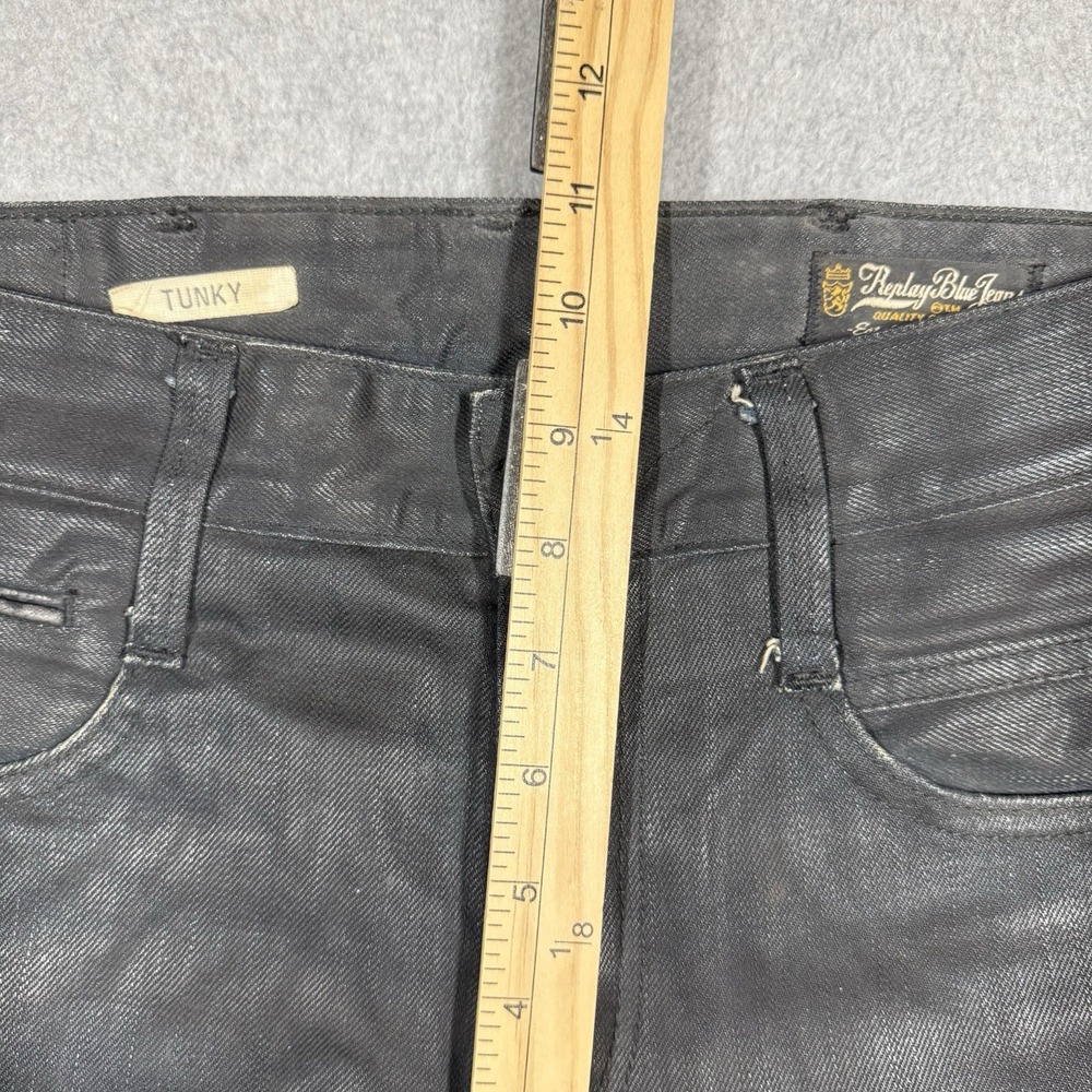 REPLAY Jeans Mens 29x34 Black WAXED Tunky Straight Leg Loose Fit Moto Biker EUC - Picture 12 of 15